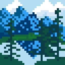 32x32 pixel art of lakeside mountains made by Hans in Aseprite. Lakeside mountains pixel art